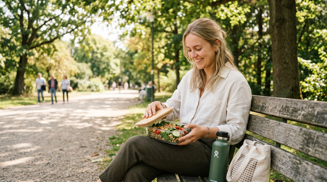 Junge Frau auf Parkbank öffnet gesunde Lunchbox, neben ihr Wasserflasche, im Hintergrund belebter Parkweg.