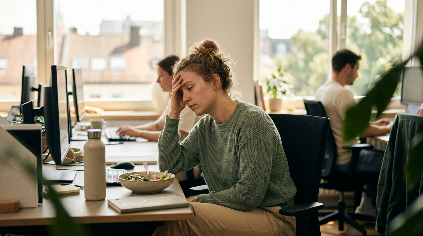 Junge Büroangestellte müde nach dem Mittagessen, Kopf auf der Hand abgestützt am Schreibtisch mit Laptop.