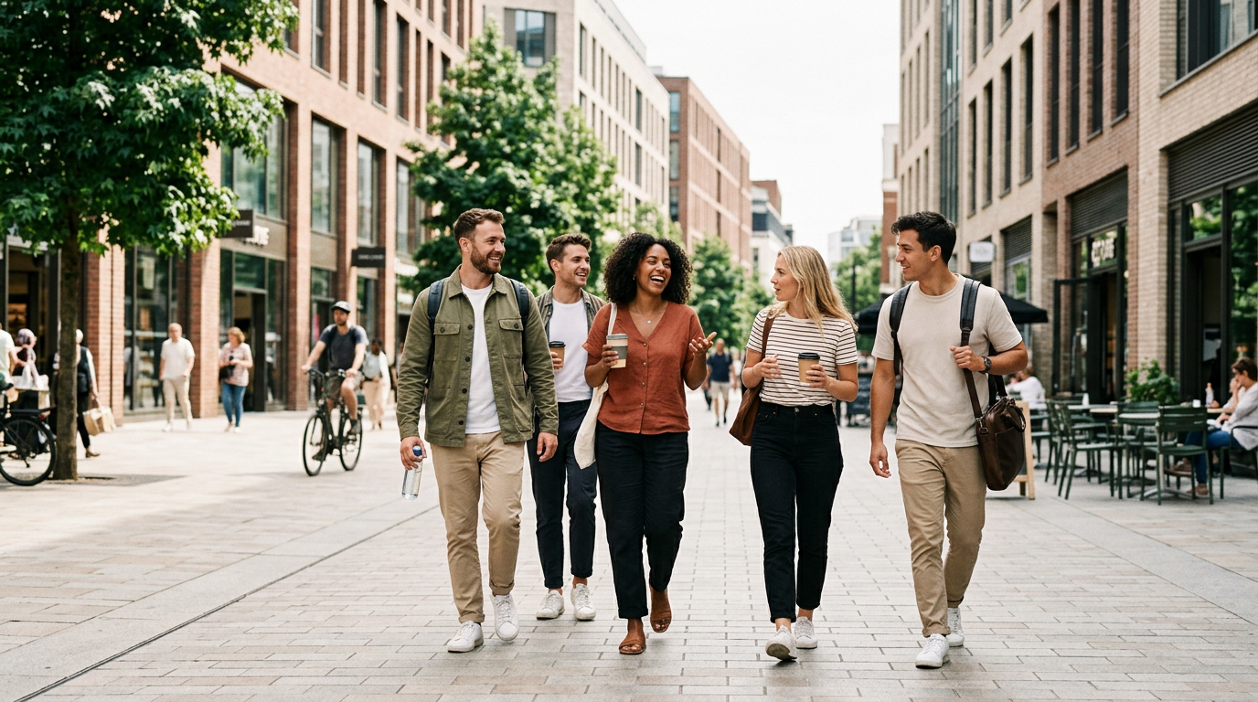 Drei junge Erwachsene lachen und gehen dynamisch durch eine belebte Stadtstraße am Mittag, halten Snacks und Kaffee.